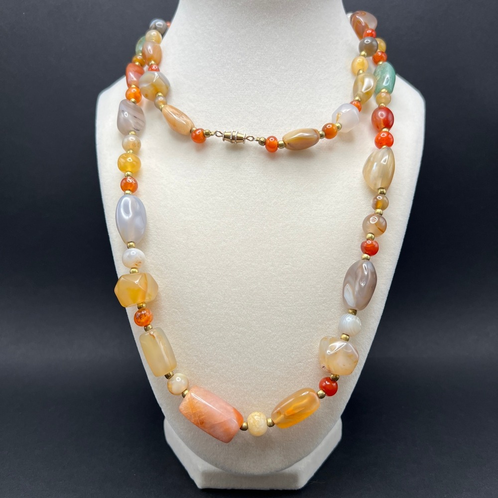 Vintage Beggars Bead Necklace Polished Agate Carnelian Orange Green Boho 37"